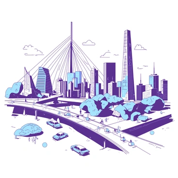 A cityscape with buildings shaped like brain lobes and neurons