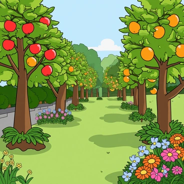 A vibrant garden scene filled with lush greenery. There are several apple trees with bright red apples hanging from their branches, alongside orange trees covered in glossy, orange fruits. In the background, tall banana trees display clusters of ripe yellow bananas swaying gently. A variety of colorful flowers bloom around the base of the trees, each adding a touch of color to the rich green grass that covers the ground. Sunlight filters through the leaves, casting playful shadows on the soil.