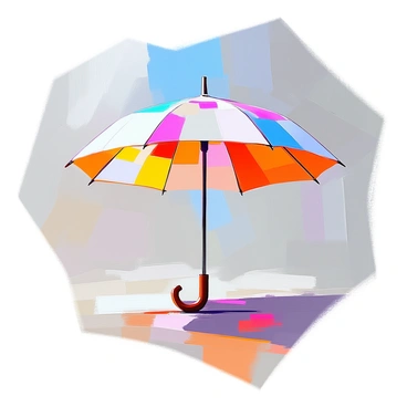 An umbrella with a vibrant canopy featuring a pentagon pattern in various bright colors. The umbrella is opened wide, showcasing the geometric design against a clear sky. The handle of the umbrella is made of dark wood, adding a contrast to the colorful top. The scene includes a light breeze causing the umbrella to sway slightly, giving a sense of movement.