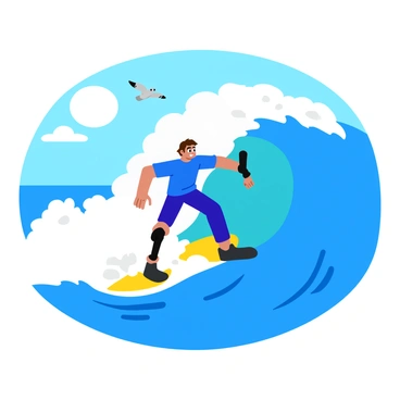 A surfer with a prosthetic limb is skillfully riding a large, curling wave in the ocean. The surfer has a bright blue wetsuit and a determined expression on their face. The prosthetic limb is sleek and designed for performance, clearly visible as it propels them forward. Tall, foamy waves crash around them, and the ocean is a vibrant blue with white splashes of water. The sun shines brightly in the sky, creating reflections on the water's surface, while a few seagulls can be seen soaring overhead.