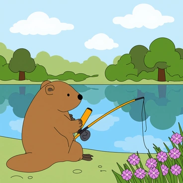 A cute wombat with thick, brown fur is sitting by a calm blue lake. The wombat is holding a bright yellow fishing rod, with its eyes focused on the water. Surrounding the lake are lush green trees and colorful wildflowers in shades of purple and pink. The reflection of the trees can be seen in the clear water, creating a peaceful atmosphere. The sky above is a light blue with fluffy white clouds scattered across it.