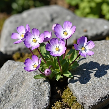 A cluster of wild anemone flowers in vibrant shades of purple and white, with delicate petals unfurling. The flowers are surrounded by a rugged landscape of grey and brown rocks, partially covered in patches of green moss. Soft sunlight illuminates the scene, casting gentle shadows on the uneven surfaces of the stones. In the background, hints of blurred greenery suggest a natural environment, contributing to the wild setting.