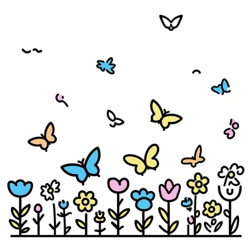 Dozens of butterflies in various colors, including orange, blue, and yellow, are fluttering over a field. The field is filled with an array of blooming flowers such as daisies, tulips, and sunflowers, creating a vibrant patchwork of colors. The butterflies are gently hovering above the flowers, showcasing their delicate wings as they move from flower to flower. The scene captures the lively interaction between the butterflies and the blossoms, emphasizing the beauty of nature.