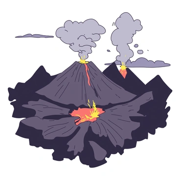 A rocky volcanic landscape is filled with sharp, jagged peaks and deep craters. The ground is covered in dark, charred earth, interspersed with bright patches of orange and yellow sulfur deposits. Plumes of gray volcanic gas rise from fissures in the ground, curling upward into the atmosphere. The gas is visibly interacting with the air, creating a hazy, misty effect as it mixes and disperses. Above the landscape, dark clouds gather, contrasting with the lighter tones of the gases wafting up towards the sky. A distant eruption can be seen, with molten lava glowing in the depths of a crater, casting an orange light across the rocky terrain.