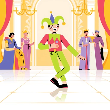 A jester wearing a colorful outfit with alternating red and green triangles dances energetically in the center of a grand royal court. The jester has a playful expression on his face, with a matching hat featuring two floppy points adorned with bells. Surrounding him are elegantly dressed courtiers, including a regal-looking king seated on a raised throne and a queen wearing a beautiful gown. Elaborate tapestries and golden chandeliers decorate the court, creating an atmosphere of celebration and merriment. The floor is made of polished marble, reflecting the vibrant colors of the jester's costume.