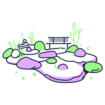 A Zen garden features smooth marble stones arranged in intricate patterns across the landscape. The stones are positioned carefully to create a sense of balance and symmetry. Surrounding the stones, there are patches of finely raked sand, emphasizing the patterns made by the stones. In the background, there are minimalist wooden benches placed strategically for contemplation. Small, understated plants can be seen peeking through the stones, contributing to the serene atmosphere of the garden.