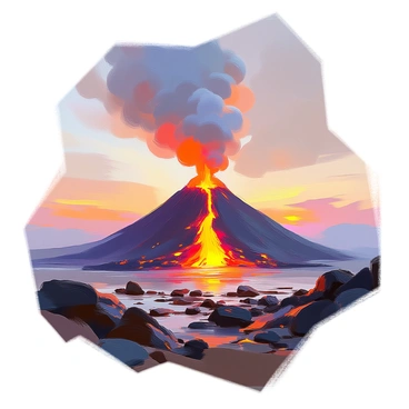 A nascent volcano is emerging at a divergent boundary, with lava flows spilling down its sides in vibrant orange and red hues. The landscape is rugged and dotted with dark, jagged rocks, contrasting sharply with the glowing lava. Above the volcano, thick ash clouds are billowing into the sky, casting a grayish tint over the scene. In the foreground, a rocky terrain is scattered with small boulders, while the background features a distant horizon where the sun sets, illuminating the ash clouds with hints of red and purple.