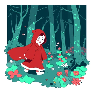 A red Shugao figure is wandering through a vibrant enchanted forest filled with glowing flora. The forest is dense with tall trees, their trunks covered in sparkling teal moss. Bioluminescent plants bloom in various shapes, casting a gentle glow in shades of teal and red across the forest floor. The Shugao figure wears a flowing robe that moves gracefully with each step it takes, and its features are expressive with curiosity and wonder. Small, shimmering insects flit around, adding to the magical atmosphere of the scene.