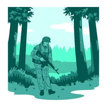 A teal soldier dressed in camouflage gear is carefully walking through a dense forest shrouded in mist at dawn. Tall trees with thick trunks surround the soldier, their leaves glistening with dew. Soft, white light filters through the fog, creating a muted atmosphere. The soldier is holding a rifle close to the body, scanning the surroundings with a focused expression. In the background, faint outlines of thick underbrush and distant silhouettes of more trees can be seen through the mist.