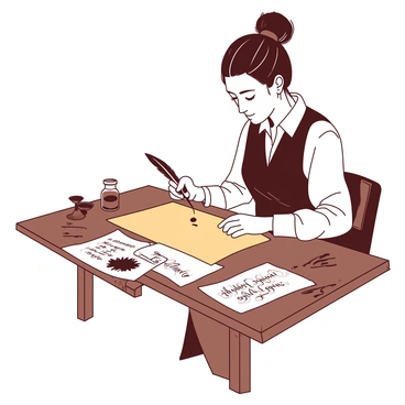 An artist is seated at a wooden table, practicing calligraphy on a large piece of aged parchment. The artist is holding a delicate quill dipped in black ink, with a small inkwell positioned nearby. The table is adorned with scattered sheets of parchment, some containing intricate designs and others with beautifully written text. Soft light illuminates the scene, casting gentle shadows that highlight the artist's focused expression as they concentrate on each stroke.
