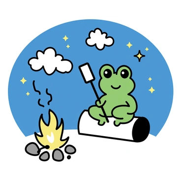 A small green frog sits on a log, holding a stick with a marshmallow skewered on the end. The frog has large eyes and a content expression. In front of it, a campfire burns brightly, casting orange and yellow flames. The fire is surrounded by a circle of smooth stones. Above, the night sky is filled with numerous stars twinkling against a deep blue backdrop. A few wispy clouds drift by, adding texture to the scene.