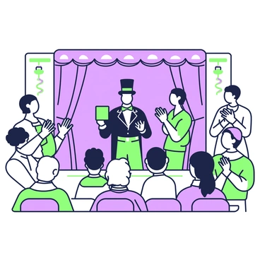 An audience is clapping inside a cozy theater following a magician's trick. The audience consists of people of various ages, with some standing and others seated, all wearing expressions of amazement and delight. The theater has plush seating, and the stage in front is dimly lit, with a spotlight illuminating a magician dressed in a classic black tuxedo with a white shirt and a bow tie. The magician is on stage, holding a top hat, while colorful streamers hang from the ceiling above the audience. In the background, there are velvet curtains and ornate decorations adorning the theater walls.