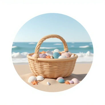 A woven beach basket placed on a sandy surface, filled with an assortment of seashells in various colors and sizes, including spiral shells and flat, round shells. Scattered throughout the basket are small starfish with a vibrant orange hue. The basket is adorned with natural fibers, and the backdrop features gentle waves lapping at the shore, with a clear blue sky overhead.