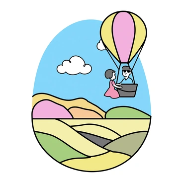 A hot air balloon with a colorful, patterned envelope is floating in the sky. Inside the basket, a couple is sitting side by side. The man is wearing a light blue shirt and sunglasses, while the woman is dressed in a flowing red dress. They are gazing out at a vast landscape below. The terrain features rolling hills and a patchwork of fields in shades of green, yellow, and orange. The sky is clear with a few fluffy white clouds, and the sunlight casts a warm glow across the scene.
