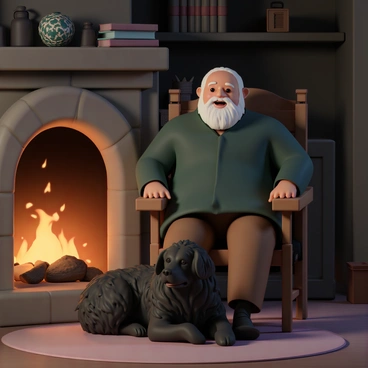 A large man with a bushy beard, wearing a dark green jacket and brown trousers, is sitting on a sturdy wooden chair next to a crackling fireplace. His expression is warm and relaxed as he gazes into the flames. Beside him, a massive black dog with shaggy fur, resting comfortably on the floor, has its head on Hagrid's lap. The room is dimly lit, with the flickering firelight casting soft shadows on the stone walls, and shelves filled with various magical items and books are visible in the background.
