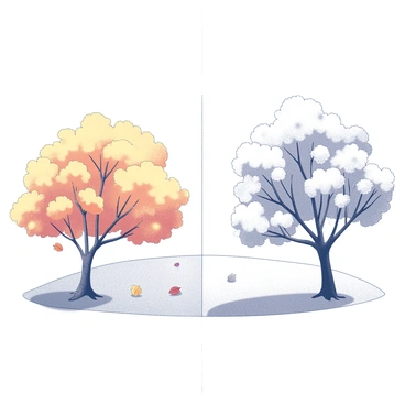 A landscape divided into two distinct halves. On the left side, there are trees with orange and yellow leaves, displaying the vivid colors of autumn. The ground is covered with fallen leaves, and a gentle breeze causes some leaves to scatter. On the right side, there are snow-covered trees, their branches heavy with white snow. The ground is blanketed in a thick layer of snow, with soft snowflakes falling from the sky. A clear division runs through the center, highlighting the contrast between the two seasons.