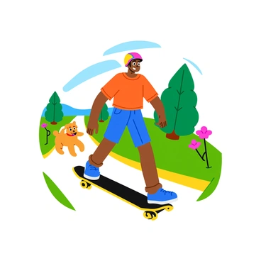 A longboarder with a colorful helmet is riding down a sunny street. The longboard is sleek and shiny, reflecting the light. Beside the longboarder, a small dog with fluffy fur is happily running, its ears flapping in the breeze. The dog is a golden color, and its tongue is out, displaying excitement. Flowers bloom along the pathway, adding bursts of color to the scene, while a few trees line the street, gently swaying. The longboarder is wearing a bright t-shirt and shorts, showcasing a carefree attitude.