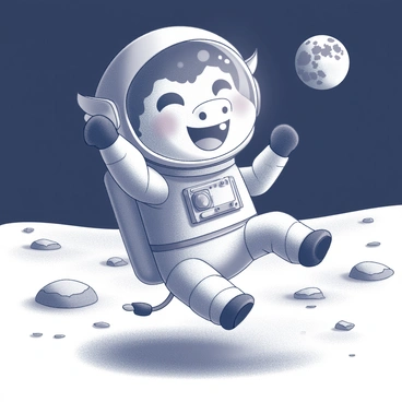 A cartoon cow wearing a bulky astronaut suit is standing on the surface of the moon. The cow has a joyful expression on its face, showcasing a big smile and wide eyes. The suit is detailed, featuring a helmet with a clear visor that reflects the lunar landscape. Surrounding the cow, the moon's surface is characterized by gray dust and scattered rocks, with craters visible in the background. The cow is playfully posing with one hoof raised, as if ready to take a playful leap. In the distance, the Earth can be seen in the black sky, providing context for the scene.