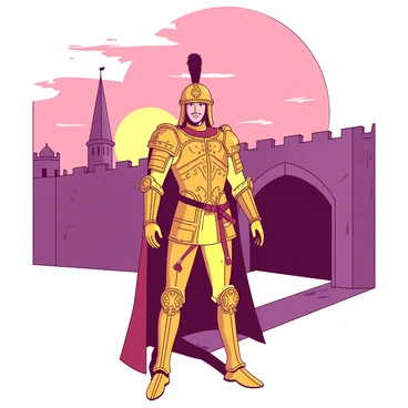 A regal soldier in intricate gold armor is standing with a proud posture at the entrance of a majestic castle. The armor is adorned with detailed engravings and ornate designs, reflecting the last rays of the setting sun. The castle behind the soldier features tall spires and large stone walls, casting elongated shadows on the ground. The sky is painted in hues of orange and pink, creating a dramatic backdrop that highlights the soldier's vigilant stance as he stands guard.