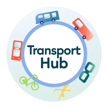 A logo features a central circular emblem symbolizing a transport hub. Surrounding the emblem are icons representing diverse transport modalities. There is a blue train icon, a red bus icon, a green bicycle icon, and a yellow airplane icon, each carefully arranged around the circle. The background of the logo is a soft gradient that transitions from light blue at the top to light green at the bottom, creating a harmonious effect. The circular emblem contains the text “Transport Hub” in bold, modern font, prominently displayed in the center.
