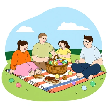 A family of four enjoying a picnic on a bright, sunny day. The family consists of a father with light skin and short brown hair, a mother with dark hair in a ponytail, a young girl with pigtails, and a teenage boy with glasses. They are sitting on a large, colorful picnic blanket spread on the green grass. A wicker picnic basket filled with assorted treats such as sandwiches, fruits, and Easter eggs is placed at the center of the blanket. The Easter eggs are vibrant in colors, including pink, blue, and yellow, and are scattered around the basket. The sun casts soft shadows, and a few fluffy clouds can be seen in the blue sky above. The family is smiling and laughing, enjoying their time together.