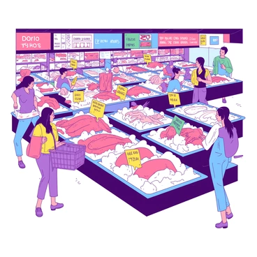 A group of shoppers is navigating through busy aisles filled with vibrant fish and seafood displays. The aisles are lined with large ice-filled trays showcasing a variety of fish including salmon, shrimp, and crab, each displayed artfully. Brightly colored signs indicate prices and types of seafood, while shoppers are seen examining the fresh selections. The atmosphere is bustling with activity as shoppers engage with vendors and discuss the day's offerings.