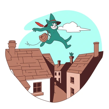 A teal Puss in Boots is leaping gracefully across a series of rooftops under a clear sky. The rooftops are made of brown tiles, and there are chimneys peeking out from the buildings. Puss in Boots is wearing his signature wide-brimmed hat with a red feather and a small brown satchel is strapped around his waist. His expression is determined as he focuses on a small, shadowy figure darting down a narrow alleyway. The setting includes a few potted plants on the rooftops, adding a splash of green to the scene.