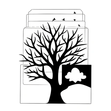A multilayered poster consists of several translucent sheets stacked on top of each other. Each sheet features a different image, creating an intricate overlay effect. The first layer shows a silhouette of a tree with detailed branches. The second layer displays a flock of birds in flight, partially obscuring the tree. The third layer contains a geometric pattern that contrasts with the organic shapes of the previous layers. Each translucent sheet offers a unique perspective, contributing to the overall complexity of the poster.
