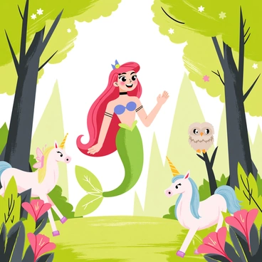 Ariel, a mermaid with long flowing red hair and a shimmering green tail, is walking through an enchanted forest. She is surrounded by various mythical creatures, including a small, playful fairy with translucent wings, a gentle unicorn with a sparkling horn, and a wise old owl perched on a branch. The trees are tall and lush, with vibrant green leaves and colorful flowers blooming all around. Sunlight filters through the branches, casting dappled light on the forest floor. Ariel looks amazed as she explores this magical environment, her expression filled with wonder.