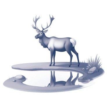 A caribou standing on the grassy bank of a tranquil pond. The animal has impressive antlers extending from its head and a thick, dark fur coat. The surface of the water mirrors the caribou, creating a clear reflection of its form and antlers. Surrounding the pond are soft, lush grasses and a few scattered rocks, adding to the natural setting. In the background, there are hints of trees lining the edge of the pond, completing the serene environment.