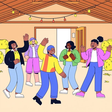 A rustic barn interior filled with wooden beams and straw scattered on the floor. A group of people in colorful clothing are spinning and clapping together in pairs. Some individuals are showing joyful expressions while dancing, and others are clapping their hands above their heads. Strings of warm fairy lights hang from the ceiling, illuminating the scene. In the background, there are hay bales stacked against the wall and a large wooden door slightly open, letting in soft natural light.