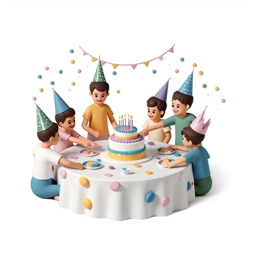 Children wearing party hats and crowns, gathered around a birthday table