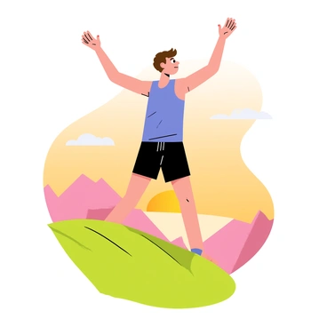 A person with short brown hair wearing a blue tank top and black shorts is standing on a green hilltop. The person is performing arm circles with both arms extended out to the sides. The sky is painted with soft orange and pink hues as the sun rises in the background. The hilltop is surrounded by distant mountains and a few scattered clouds, all illuminated by the warm light of dawn. The grass is a vibrant green, gently waving in the morning breeze.