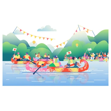 A vibrant scene shows several traditional dragon boats racing on a river in Beijing during the Dragon Boat Festival. Each boat is adorned with bright colors, featuring intricate dragon designs along the sides. The rowers, wearing matching colorful outfits, are energetically paddling in sync, creating splashes of water around them. In the background, the lush green banks of the river are dotted with spectators holding flags and cheering. Festive bunting and lanterns are strung along the riverside, adding to the celebratory atmosphere. The sky is clear with a few fluffy white clouds, casting reflections on the shimmering water surface.