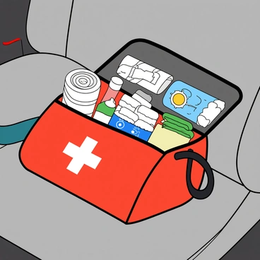 A first aid kit is lying open on the backseat of a car. The kit is bright red with a white cross symbol on the front. Inside the kit, there are various medical supplies neatly arranged, including a roll of white bandages, a small bottle of antiseptic, a pair of scissors, and a few gauze pads. There are also adhesive bandages in different sizes and a packet of sterile wipes. The backseat is a light gray color, and there is a seatbelt visible, partially hanging down. Sunlight is streaming through the car window, illuminating the contents of the first aid kit.