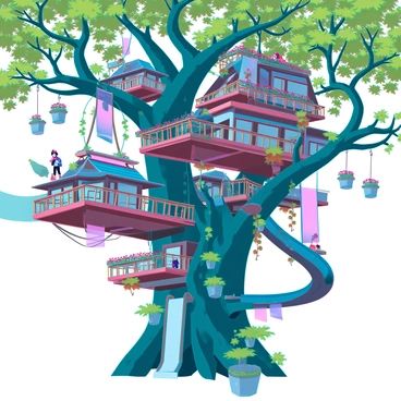 A sprawling treehouse village built high in the branches of a massive, ancient tree with thick, gnarled limbs. The treehouses are interconnected by rope bridges and wooden walkways, each structure made of natural wood and adorned with colorful banners. Lush greenery surrounds the village, with vibrant leaves filtering sunlight and casting intricate shadows on the wooden surfaces. Some treehouses feature balconies with hanging planters filled with flowers, while others have slides spiraling down into the undergrowth. Small figures can be seen moving about in the village, engaging in various activities like carrying supplies or enjoying the view from a high perch.