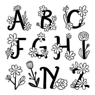 The letters of the alphabet are formed using different types of flowers. Each letter is constructed with petals and stems from distinct flower species. For example, the letter "A" is shaped with vibrant daisies, while the letter "B" is made from elegant roses. The background features various foliage to accentuate the floral letters, with small blossoms scattered around the composition. Each letter showcases a unique design, reflecting the characteristics of the specific flower species used in its formation.