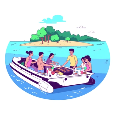 A bright summer day features a white voilier anchored in clear blue waters near a picturesque island. Group of people are gathered on the deck of the voilier, engaged in a barbecue. Some individuals are standing near a charcoal grill, flipping burgers and chatting with smiles. Others are sitting at a table, enjoying drinks and plates of food. The island in the background has lush green trees and a sandy beach, adding to the cheerful atmosphere of the scene.