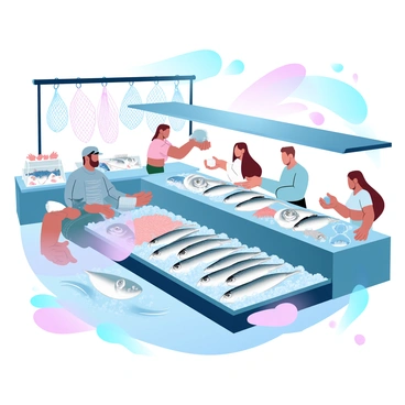 A vibrant fish market filled with various vendors. Stalls are lined with fresh sardines glistening in ice, surrounded by other seafood including shrimp, crabs, and colorful fish. Vendors are busy arranging their catches, demonstrating their products to customers. The scene is lively with customers examining the seafood and engaging with the vendors. A backdrop of hanging nets and fishing equipment adds to the atmosphere of a coastal market.