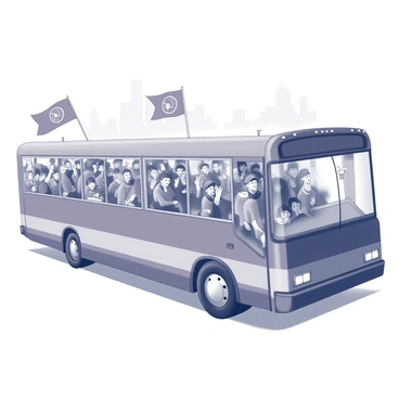 A large bus is filled with enthusiastic fans, with people seated closely together. Many of them wear matching jerseys and scarves, prominently displaying their team's symbols. Some fans have flags waving above their heads, showcasing the team's emblem in bold design. The bus interior is lively, with excited chatter and a few fans holding banners. Outside the bus windows, a blurred landscape of trees and buildings passes by, indicating movement toward the away game destination.