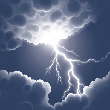 A lightning bolt striking down sharply through a tumultuous night sky filled with dark, swirling clouds. The bolt is jagged and bright, illuminating the surrounding storm clouds with intense flashes of light. The scene conveys a sense of chaos, with the clouds appearing heavy and charged with energy, while the atmospheric tension is palpable in the stark contrast of light and shadow across the sky.