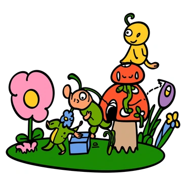 A group of small, colorful Pikmin with distinct features is working together in a whimsical environment filled with oversized flowers and vibrant plants. One Pikmin, with a blue flower on its head, is pushing a small block across a grassy patch, while another Pikmin with a red flower is pulling a vine to uncover a hidden path. A yellow Pikmin, with a curious expression, is standing on a large mushroom, looking around to spot their next move. The scene is lively, with bright colors and a sense of teamwork among the Pikmin as they tackle the puzzle in their fantastical habitat.
