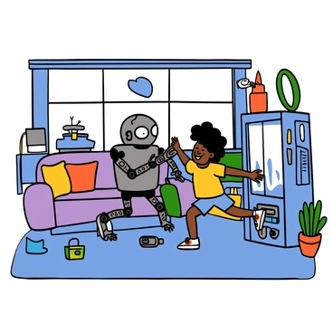 A child with light brown skin and curly hair is playing with a friendly robot in a futuristic home. The robot has a shiny metallic surface, large round eyes, and a cheerful smile, extending its arms towards the child. The child is wearing a colorful t-shirt and shorts, laughing joyfully. The futuristic home features sleek furniture, glowing panels, and large windows that let in bright light. The floor is smooth and shiny, and there are various high-tech gadgets around the room, creating an atmosphere of innovation and playfulness.