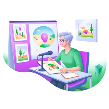 A modern pastel illustration depicting a magazine interview scene with a famous London illustrator. The illustrator, a middle-aged person with glasses and tousled hair, is seated at a stylish table. They have a sketchbook open in front of them, filled with colorful drawings. Surrounding them are various framed artworks displayed on the walls, showcasing their distinctive style, including whimsical characters and vibrant landscapes. A microphone and a notepad are placed in front of them, indicating an interview is taking place. Soft lighting enhances the creative atmosphere of the studio.