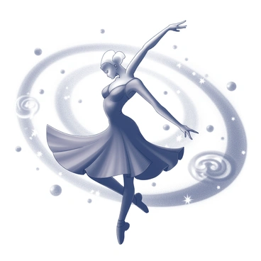 A dancer is gracefully twirling in a dynamic pose, with one arm extended high and the other sweeping low. Their flowing costume captures the motion, mimicking the swirling patterns of a galaxy. Surrounding the dancer, intricate shapes and lines illustrate the formation of a spiral galaxy, with stars and celestial bodies scattered throughout the scene. The background consists of swirling forms that suggest cosmic elements, enhancing the sense of movement and energy created by the dancer's movements.