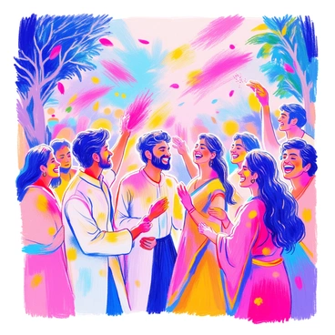A group of people is celebrating the festival of Holi by throwing colored powders into the air. The scene is filled with vibrant colors of pink, blue, yellow, and green swirling around them. The individuals are dressed in traditional clothing, with men wearing white kurtas and women in colorful sarees. Their faces are lit up with laughter and joy. Some individuals are playfully aiming the colored powders at each other, while others are smiling and dancing. In the background, there are trees and decorations that enhance the festive atmosphere.
