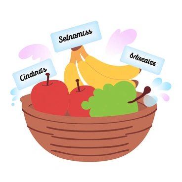 A flashcard features a wicker basket filled with several fruits. The basket contains red apples, bright yellow bananas, and green grapes. Each fruit has a small label attached. The labels are neatly positioned, illustrating the names of the fruits in clear, legible text. The background has a gradient of pastel colors, enhancing the freshness of the fruits.