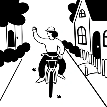 A figure riding a bicycle at a leisurely pace down a quiet street, with one hand on the handlebars and the other slightly lifted as if acknowledging a passerby. The street is lined with trees casting long shadows, and there are simple houses with picket fences on either side. A few leaves are scattered across the pavement, and the atmosphere is calm and peaceful. The figure is wearing a casual outfit, and the bicycle has a classic design with a basket attached to the front.
