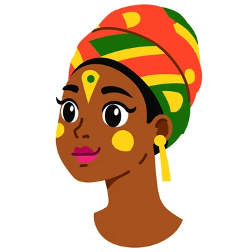 A close-up portrait of an African woman featuring intricate tribal face paint in vibrant colors. The patterns include bold geometric shapes and swirls. She wears a beautifully patterned headwrap that complements her skin tone, with hues of deep red, gold, and green. Her eyes are expressive and glimmer with a hint of pride and strength. The background is softly blurred, allowing the focus to remain on her striking features and the details of the face paint.