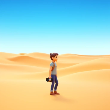 A portrait of a person standing in the middle of a vast desert. The person holds a camera in hand, gazing into the distance. The sandy terrain stretches endlessly around them, with gentle dunes creating subtle waves in the landscape. The sky above is clear and bright, showcasing a vibrant blue color. The person's clothing is light and casual, suitable for the warm environment, while their expression reflects a sense of adventure. Sunlight casts soft shadows on the sand, enhancing the overall scene.